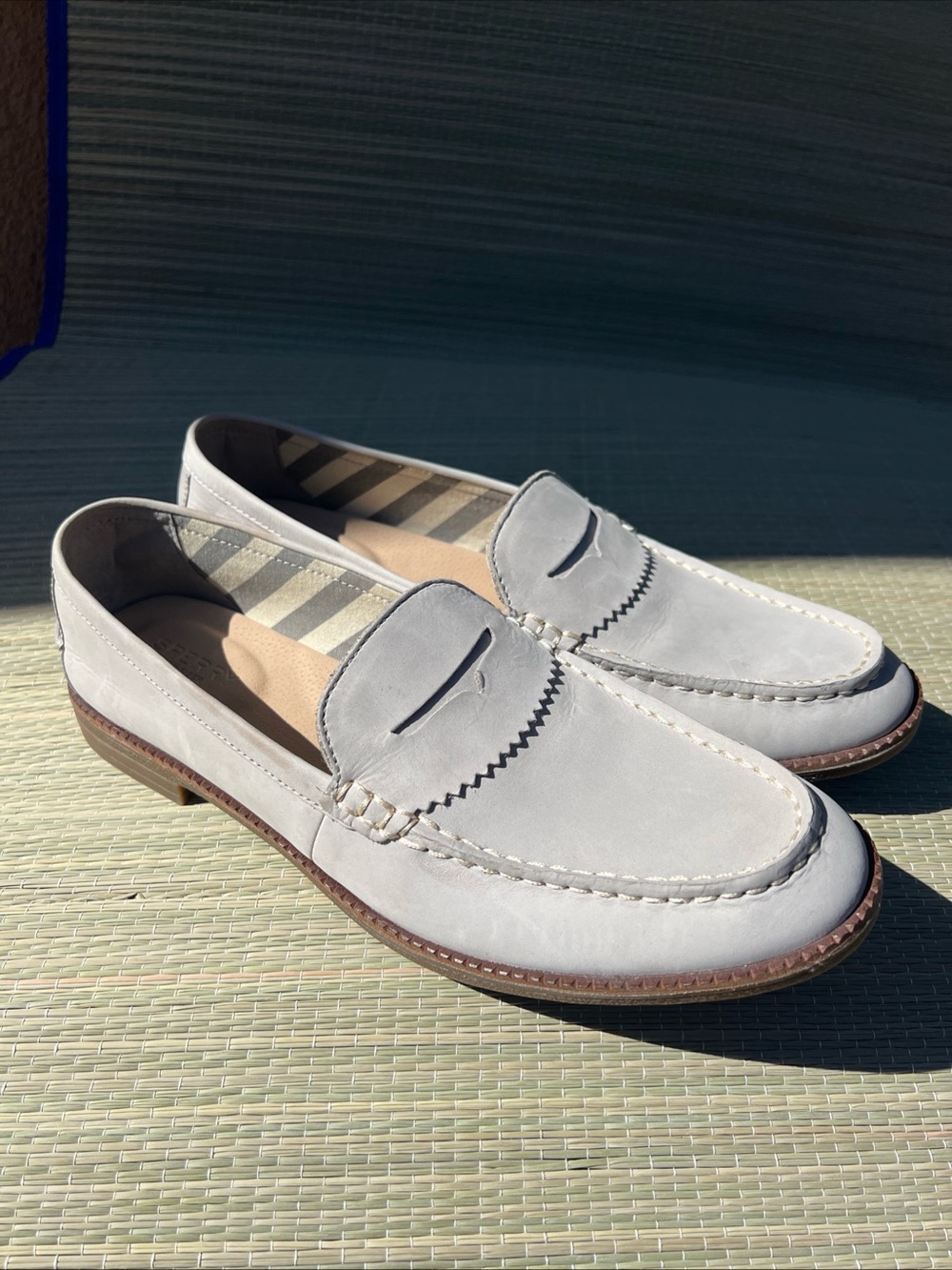 Sperry Light Gray Suede Penny Loafers with Brown Sole